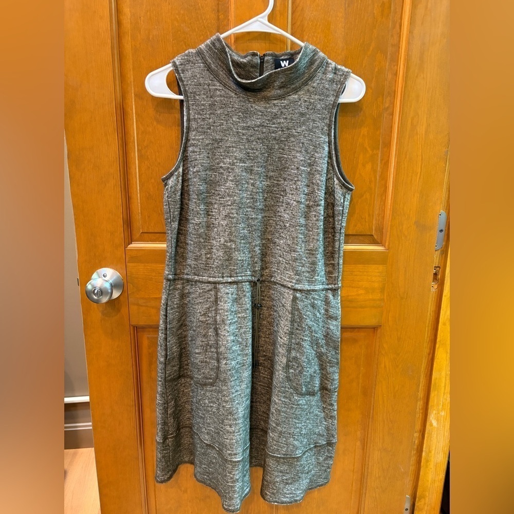 W By Worth Heather Green Sleevless Wool Knit Dress Mock Neck Drawstring Waist